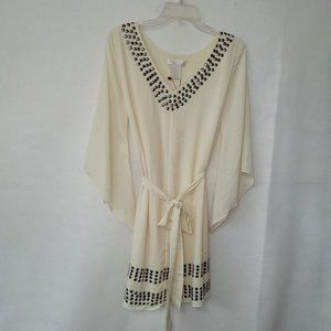 MM Couture Studded Tunic Dress Women M Ivory V-Neck Bell Sleeves Belted New Flaw